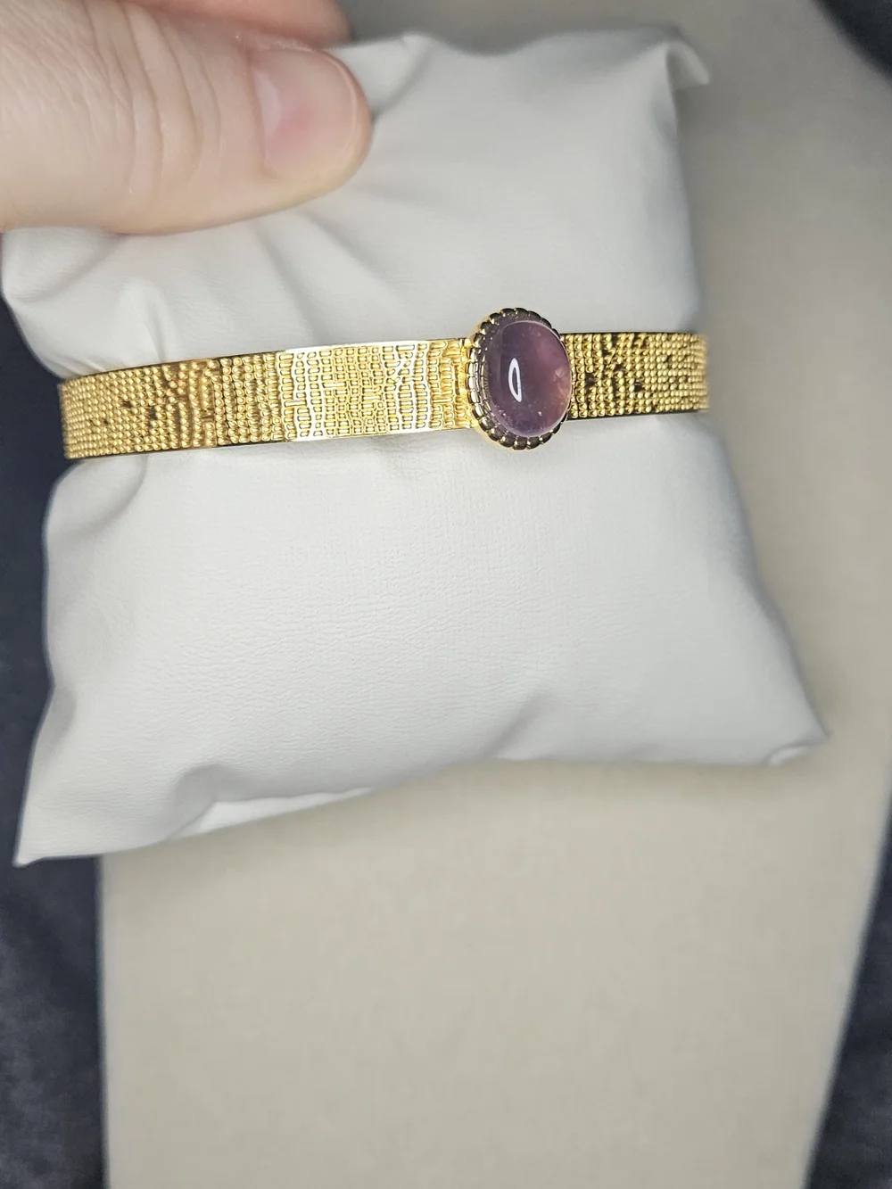 Gold Tone Stainless Steel Open Cuff Bracelet with Purple Gemstone Center